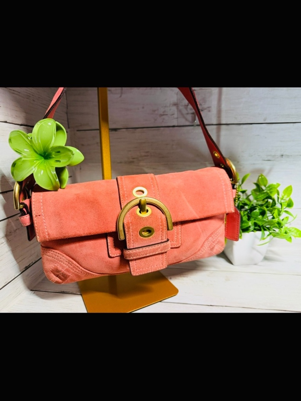 Coach coral/pink  Suede Shoulder Bag with Gold-Tone Buckle
